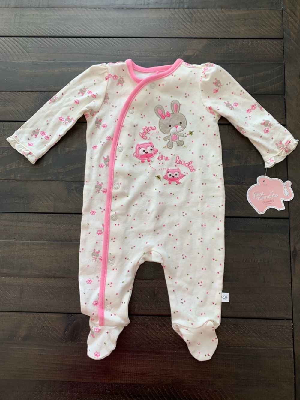 Bunny & Owl Floral Footed One-Piece for Baby Girls 3m Footie Pink Cream